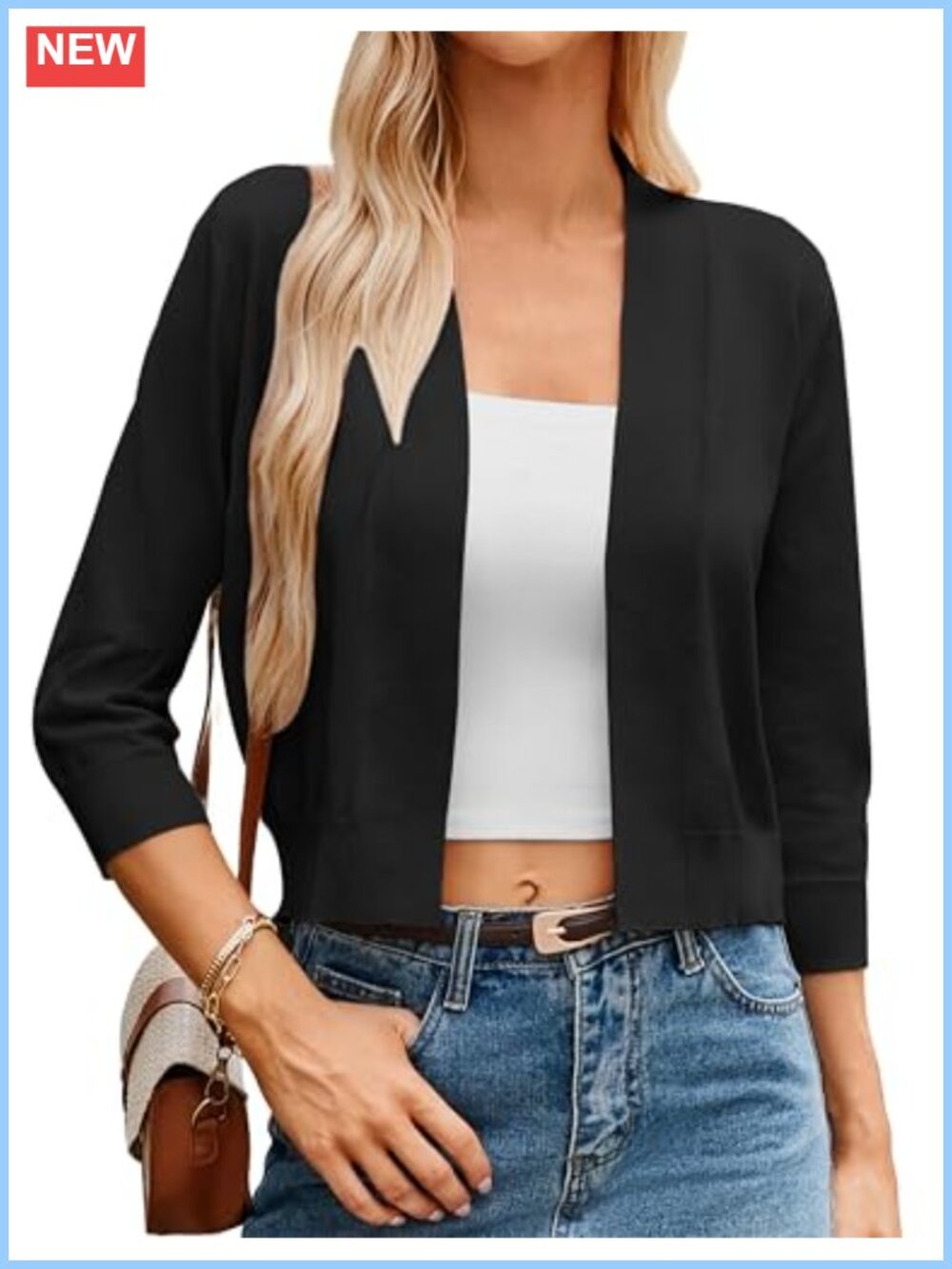 Women Lightweight Cropped Cardigan 3/4 Sleeve Open Front Sweater Shrug